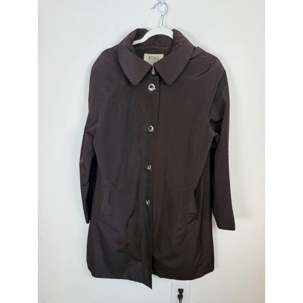 vintage FOG by London Fog Women Brown Hooded Rain Mid-Length Jacket Coat Size L